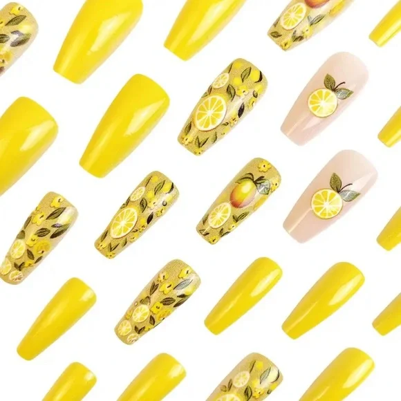 Summer Lemon Yellow Press On Nail Art Reusable 24 pc Medium NWT - Picture 6 of 11